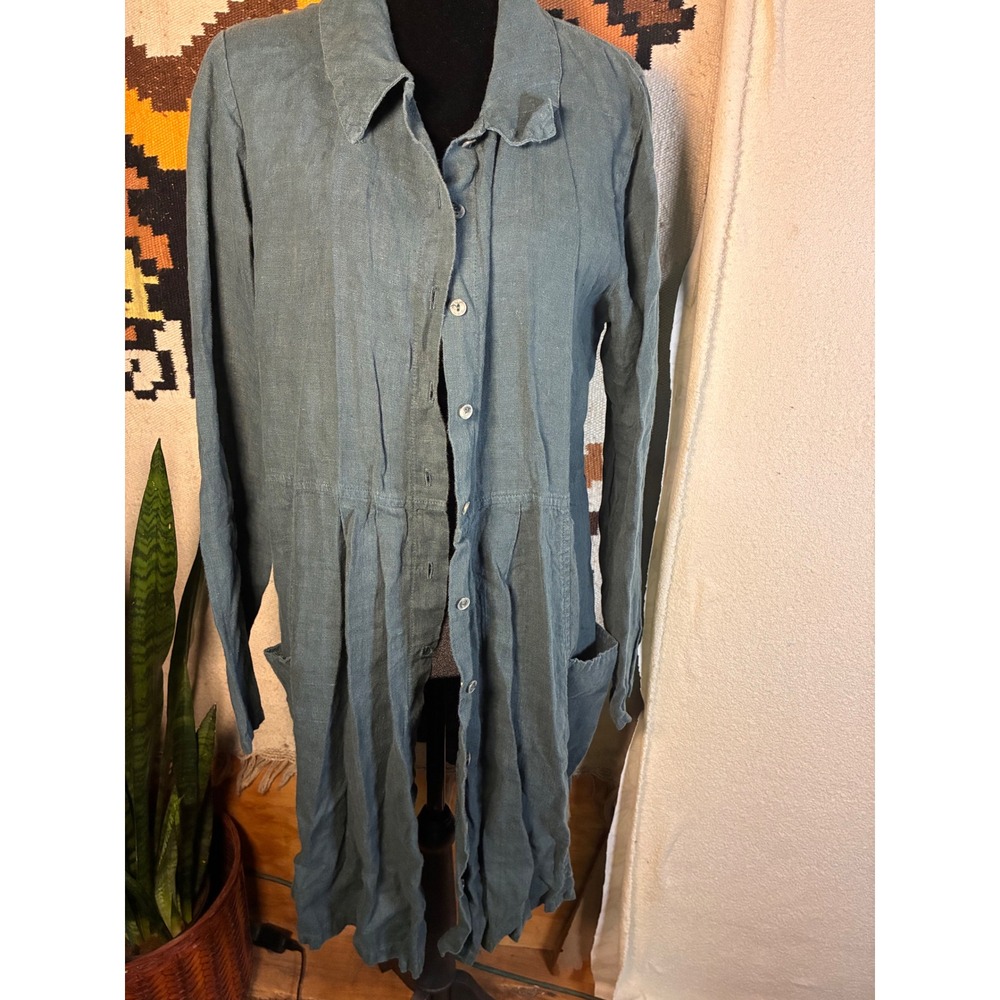 The Pink Tulip Linen Shirt Dress Womens M Teal Blue Excellent Pleated Lagenlook